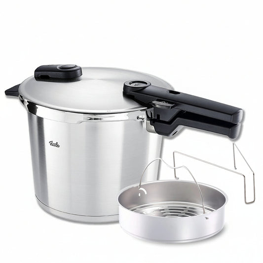 Stainless steel pressure cooker with steamer insert on a white background