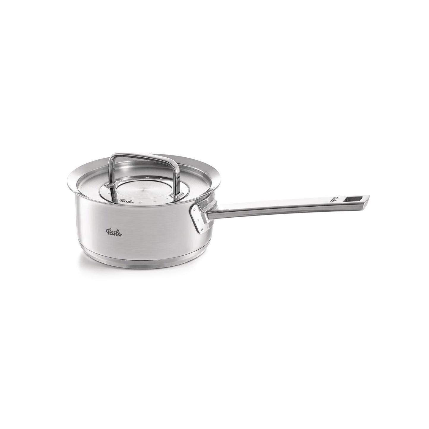 Stainless steel saucepan with lid on a white background