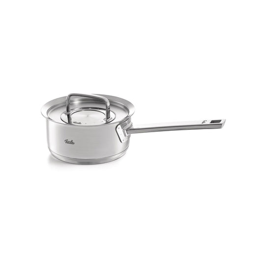 Stainless steel saucepan with lid on a white background