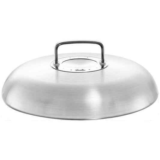 Stainless steel pot lid with handle on a white background