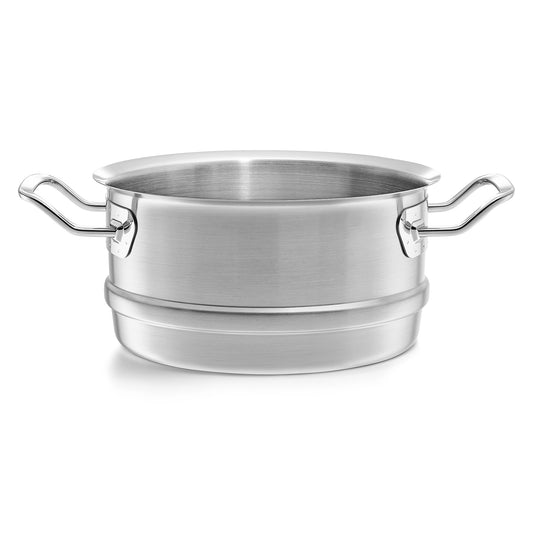 Stainless steel pot with handles on a white background