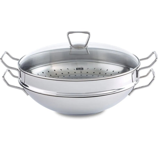 Stainless steel steamer basket with handles on a white background
