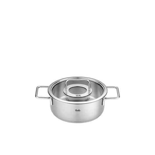 Stainless steel pot with lid on a white background
