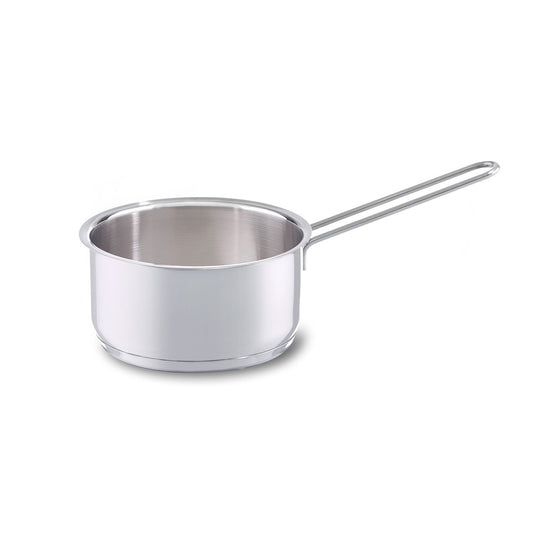 Stainless steel saucepan on a white background