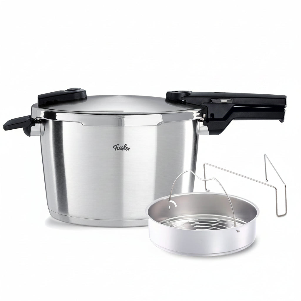 Stainless steel pressure cooker with steamer insert on a white background